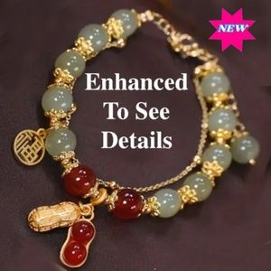 Bracelet Double Layer Red (Mostly Green) Glass Beads & Chain - Pics Enhanced